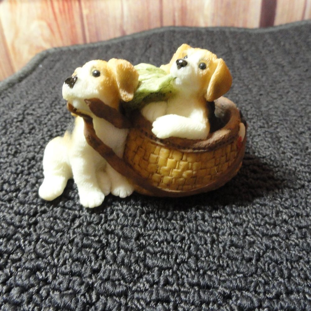 vintag Beagle Pups in a fishing basket with hat, sandi cast figurine? detailed